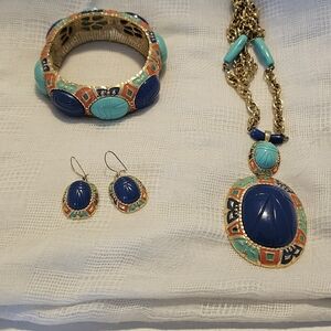 Gold-Tone Blue & Turquoise Scarab Pendant Necklace, Bracelet & Earring Set